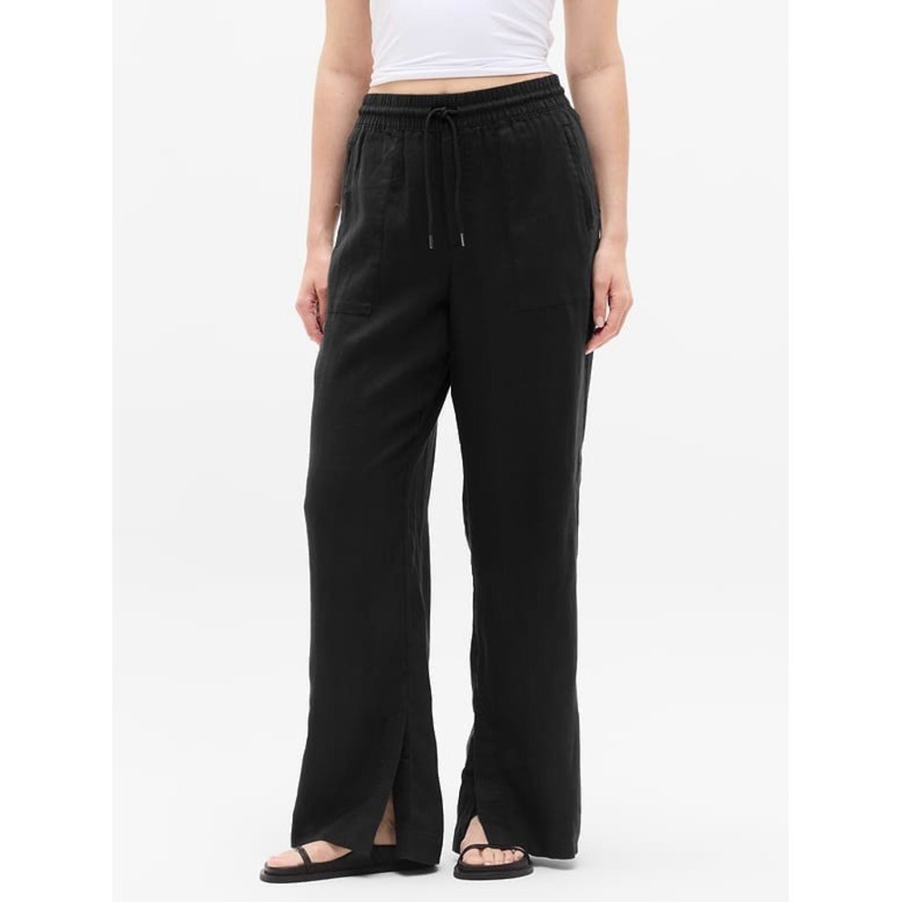 Athleta Womens M Retreat Linen High Rise Wide Leg Pant Black Summer Vacay Travel